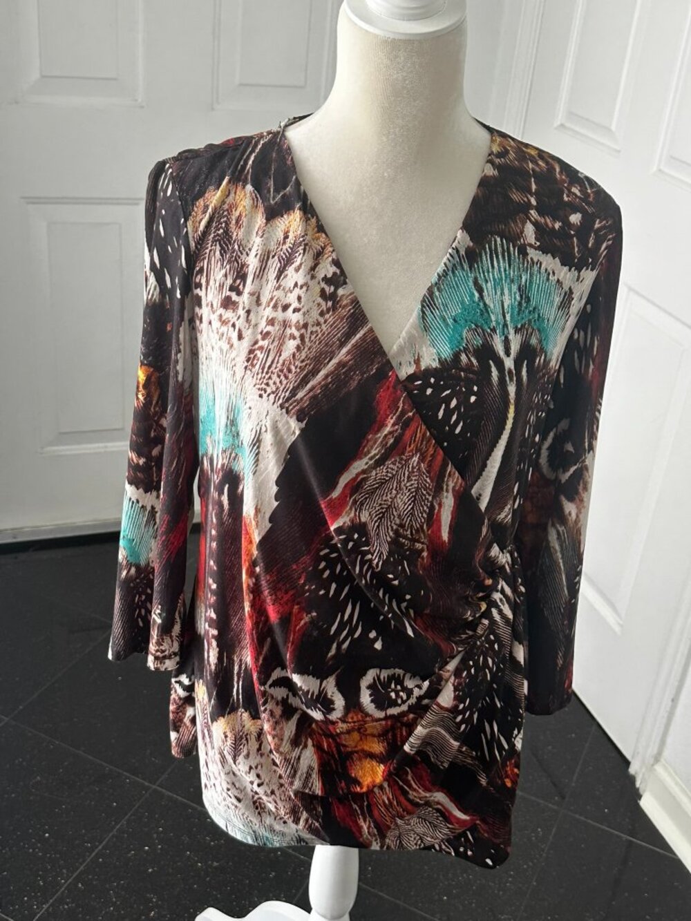 Milano Abstract Faux Wrap Ruched Tunic Top L